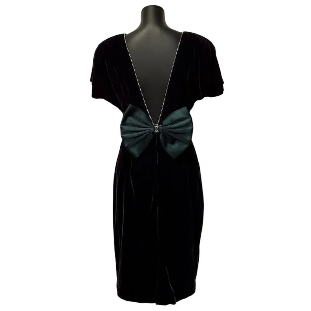 Vintage 80s Datiani Velvet Rhinestone Low Back Dress Emerald Bow, Size 8